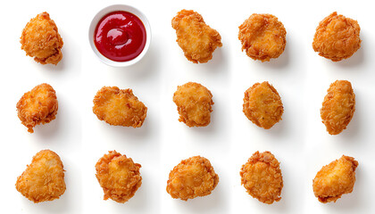 Wall Mural - Collage of tasty nuggets served with ketchup on white background