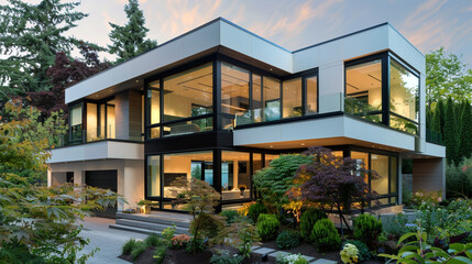 Modern cubic house with a focus on privacy, featuring tinted glass and strategic plantings for seclusion.