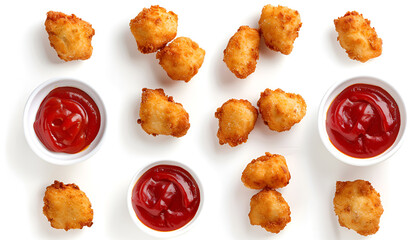 Wall Mural - Collage of tasty nuggets served with ketchup on white background