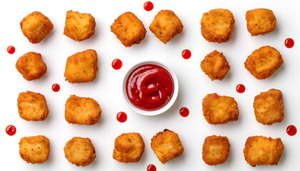 Wall Mural - Collage of tasty nuggets served with ketchup on white background