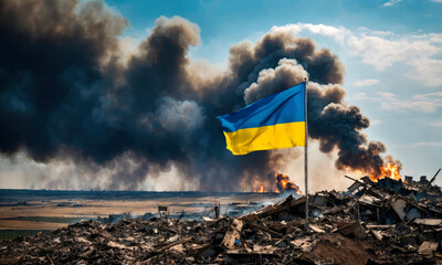 War in Ukraine explosions flag. selective focus.