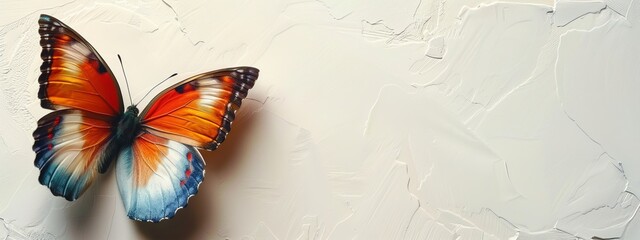 A plain white wall with a single, small, colorful butterfly in the top corner.