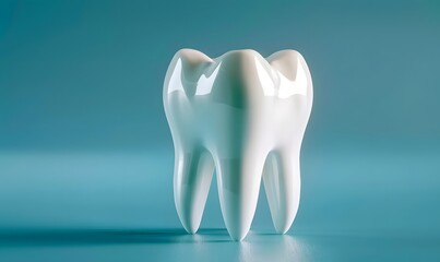 healthy white 3d tooth on a blue background with copy space, dental clinic concept