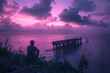 A man sits on the grassy hill overlooking an old pier that is floating in the ocean, the sky above has pastel pink and purple hues 