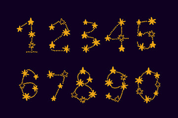 Cartoon number illustrations as constellations on dark background. Vector illustration