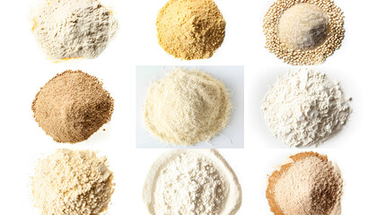 Wall Mural - Different types of flour on white background, top and side views