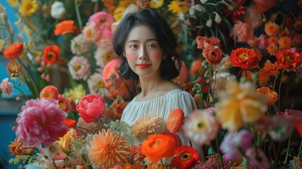 Sticker - A Chinese mom holding a bouquet of flowers, The background is a floral art installation composed of colorful and vibrant flowers. Generative AI.