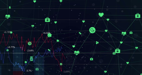 Poster - Green and blue lines connecting data points on digital screen