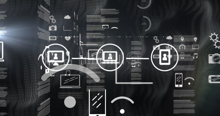 Poster - Digital icons and symbols connecting across blue background