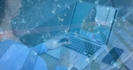 Poster - Image of network of connections with bitcoin icons over woman on laptop image call