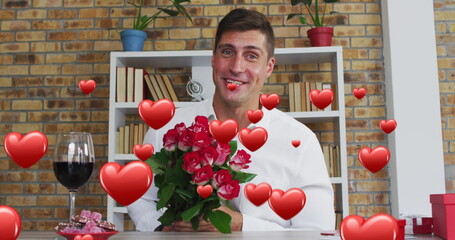 Poster - Image of hearts flying over caucasian man proposing with red roses on image call
