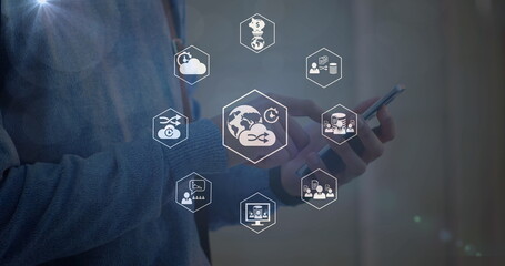 Poster - Image of connections with technology icons over caucasian man using smartphone