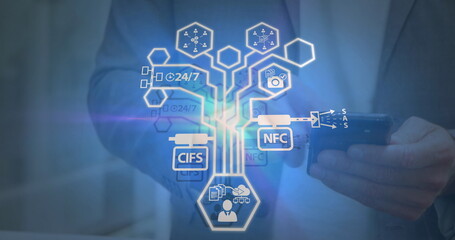 Poster - Image of connections with technology icons over caucasian man using smartphone