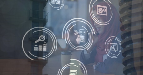 Poster - Image of connections with technology icons over biracial woman using smartphone