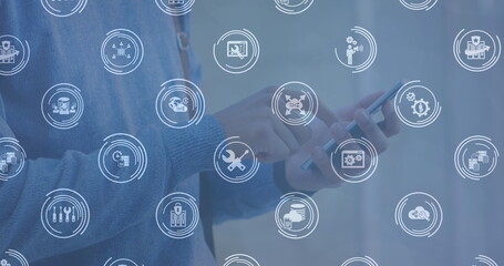 Poster - Image of connections with technology icons over hands of caucasian man using smartphone