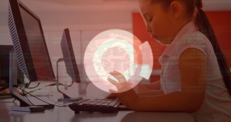 Poster - image of data processing over biracial schoolgirl using computer