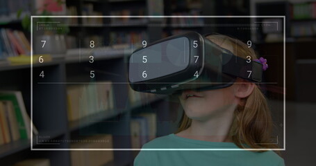 Poster - Image of data processing over caucasian schoolgirl using vr headset