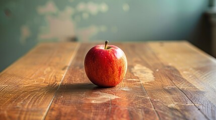 Wall Mural - A simple wooden table with a single, red apple in the center and nothing else.