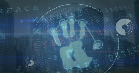 Poster - Image of digital key and binary code over hands of caucasian businessman using touchscreen