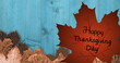 Image of happy thanksgiving day text over leaves