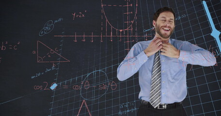 Poster - Image of mathematical equations over grid network against caucasian businessman removing his tie