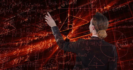 Poster - Image of mathematical equations over digital model of human brain on black background