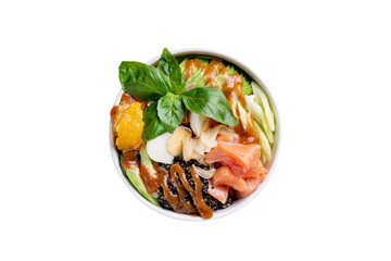 Wall Mural - Healthy Poke Bowl, Bowl with Salmon, Quinoa, Orange and Celery, Top View on White Background