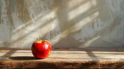 Wall Mural - A simple wooden table with a single, red apple in the center and nothing else.