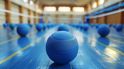 Many blue volleyball on a gym volleyball court. Generative AI.