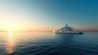 © Pter - a luxury yacht in the distance in blue ocean with clear blue sky, fantasy art, sunrise in background