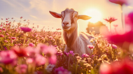 Cute goat in a field with flowers in nature, in the sun's rays. Environmental protection, the problem of ocean and nature pollution.