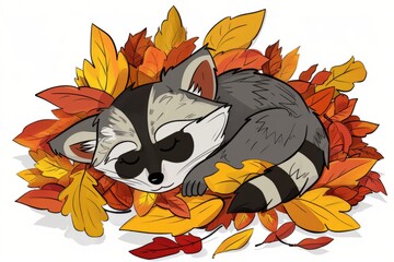 Cartoon cute doodles of a raccoon curled up in a pile of autumn leaves, its eyes closed in contentment as it takes a well-deserved nap, Generative AI