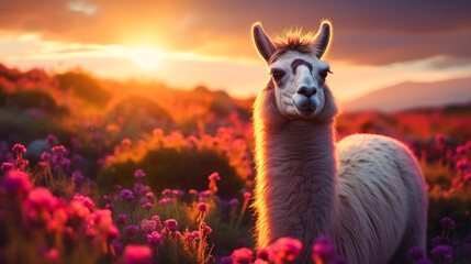 Cute, beautiful llama in a field with flowers in nature, in sunny pink rays.