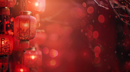 Red background, Chinese lantern decoration, red light effect, bright colors, traditional elements, festive atmosphere. Style with traditional Chinese New Year elements. Generative AI.