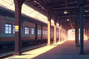 Old European train station anime illustration, scene, glowing pastel colors, flat vector art