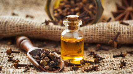 Close up glass bottle of clove oil and cloves in wooden shovel on burlap sack. Essential oil of clove