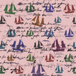 © hadeev - Sailboat seamless pattern, unreadable text, handwritten notes, palm, sunset, vector illustration