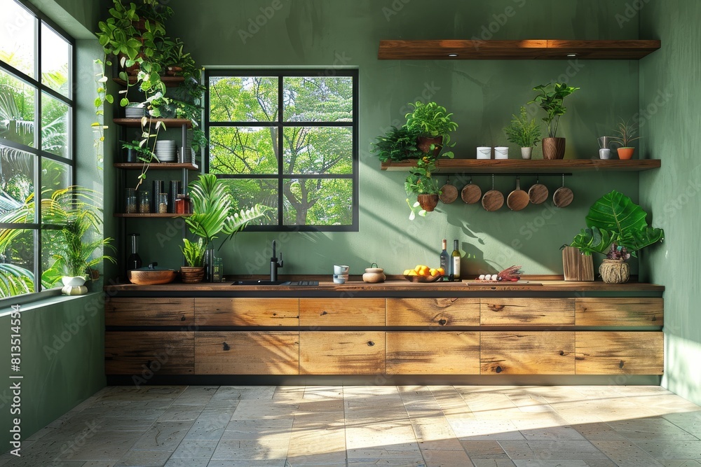 The minimalist interior design of a green kitchen room is mocked up ...