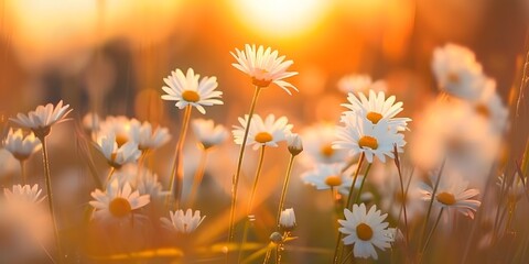 The landscape of white daisy blooms in a field, with the focus on the setting sun. The grassy meadow is blurred, creating a warm golden hour effect during sunset and sunrise time