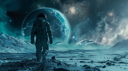 A man in a spacesuit stands on a planet in a blue sky