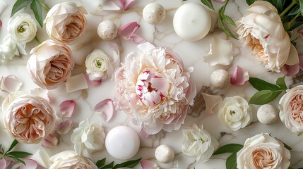 Wall Mural - Pink peony and white roses are on a white table at beauty spa, in the style of spectacular backdrops, minimalist backgrounds, terracotta. Generative AI.