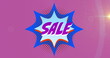 Image of huge sale text over retro star speech bubble on pink background