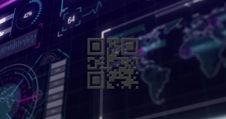 Poster - Image of gr code over data processing on digital screen