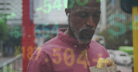Poster - Image of financial data processing over businessman eating sandwich