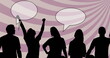 Image of supporters silhouettes with speech bubbles over shapes on pink background