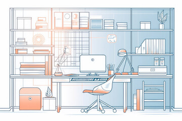 Poster - A drawing of a home office featuring a desk, bookshelf, chair, lamp, laptop, and various office supplies neatly arranged