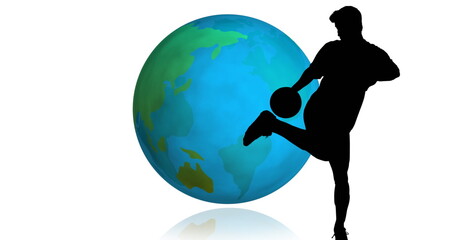 Wall Mural - Image of football player silhouettes over globe on white background