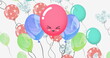 Image of emoji and stars on multicolored balloons moving on white background
