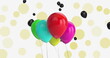 Image of multicolored balloons over circles against white background