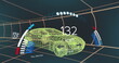 Image of speedometer interface over 3d car model moving in seamless pattern in a tunnel